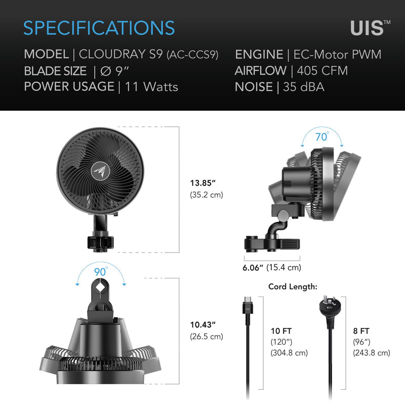 AC Infinity - Cloudray S9 Gen 2 Grow Tent Clip Fan 9” | With 10 Level Dynamic Wind modes & Fan Speeds |10-Level Auto Oscillation