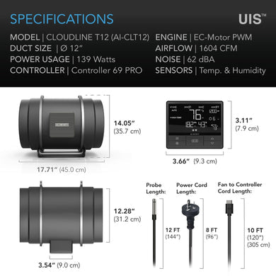 AC Infinity - Cloudline Pro T12 | Quiet EC Inline Fan | With Temperature, Humidity & VPD Controller | Controller 69 Pro| 12” / 300MM