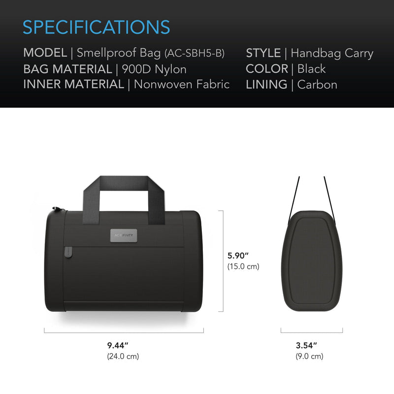 AC Infinity - Smell Proof HandBag | Black | With 900D Nylon Fabric & Carbon Filter Lining