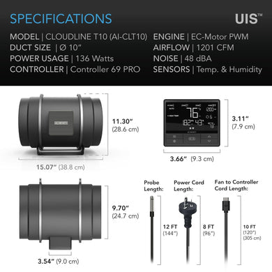 AC Infinity - Cloudline Pro T10 | Quiet EC Inline Fan | With Temperature, Humidity & VPD Controller | Controller 69 Pro| 10” / 250MM