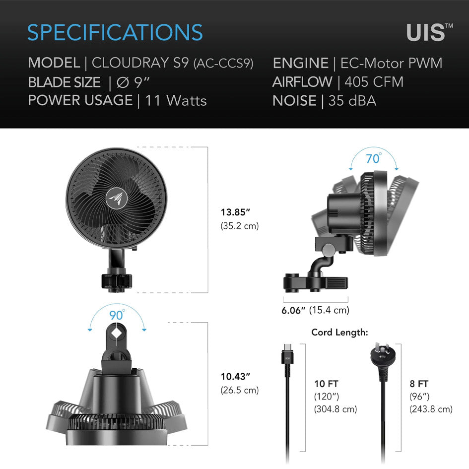 AC Infinity - Cloudray S9 Gen 2 Grow Tent Clip Fan 9” | With 10 Level Dynamic Wind modes & Fan Speeds |10-Level Auto Oscillation