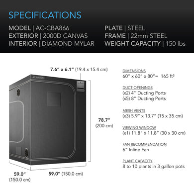 AC Infinity- Cloudlab 866 | Advanced Grow Tent 5x5 FT / 152.5x152.5 CM | 2000D Diamond Mylar Canvas