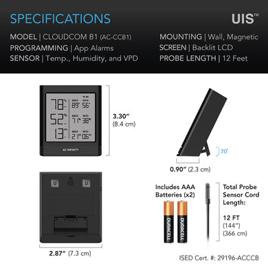 AC Infinity- Cloudcom B2 | Smart Thermo-Hygrometer With Data APP | Integrated Sensor Probe
