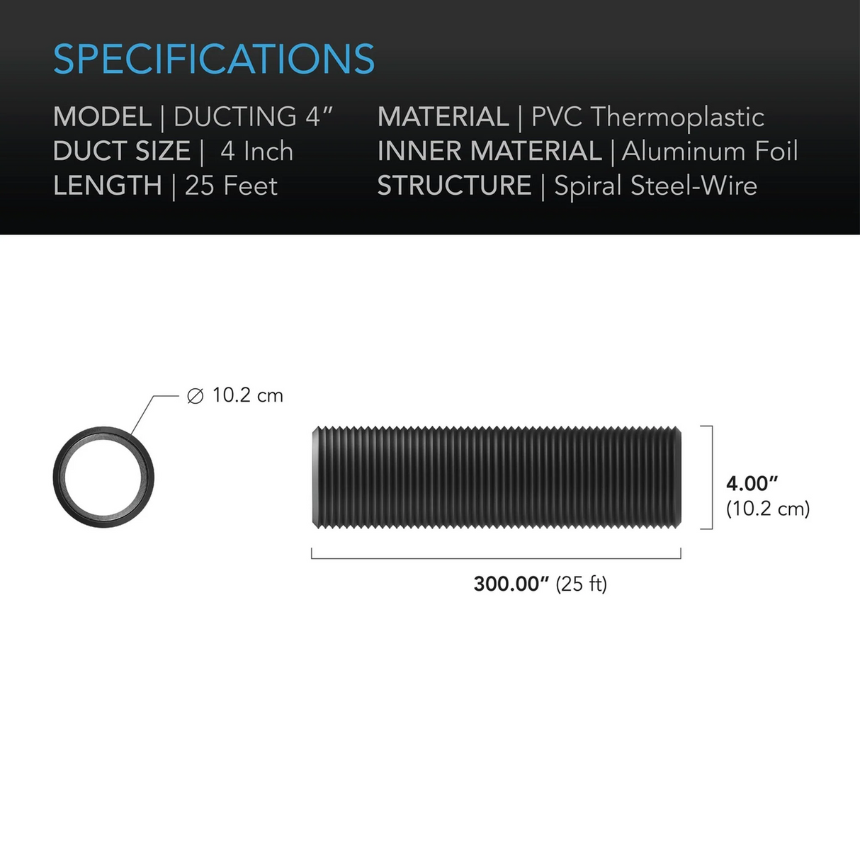 AC Infinity - Flexible Four- Layer Ducting | 25FT / 7.6M Long | 4 Inch / 100MM