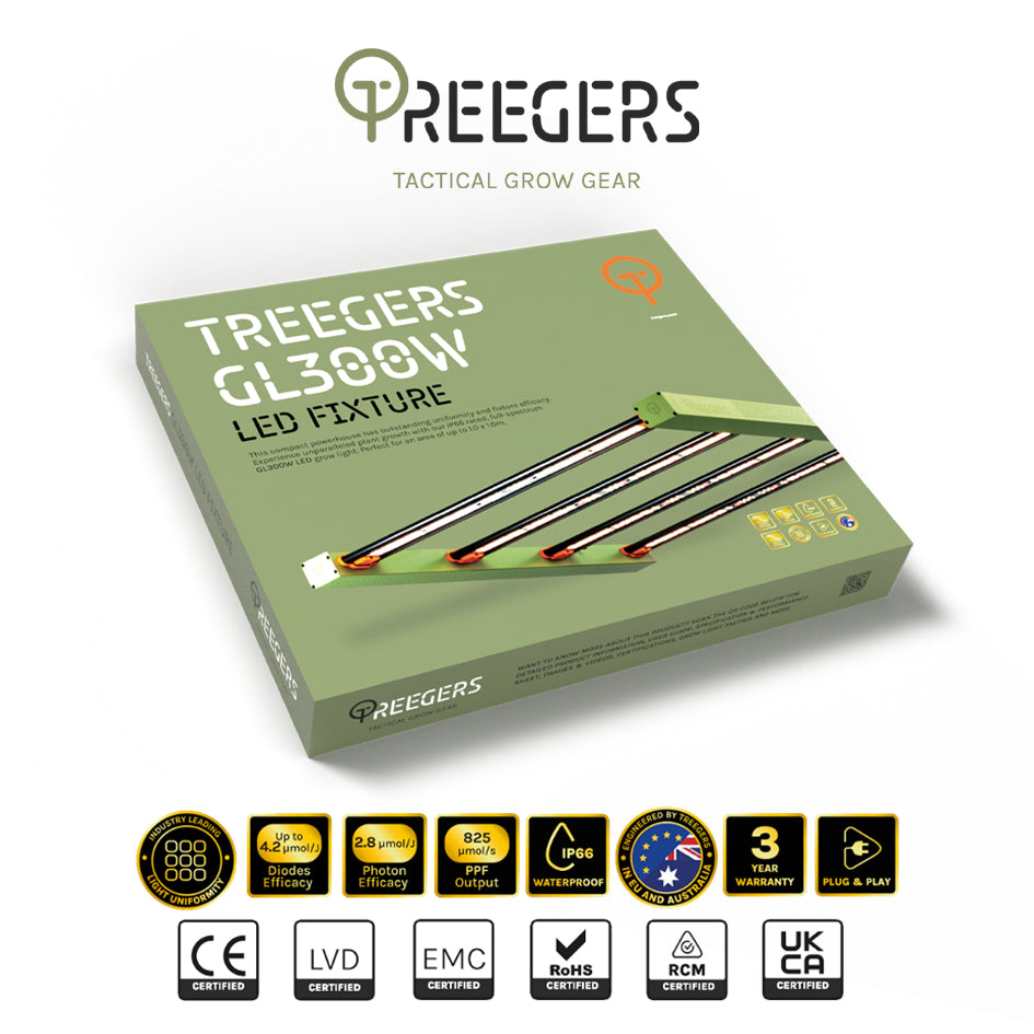 Treegers - LED Grow Light 4 Bar GL300W | 300W | 2.8 UMOL/J | Dimmable | IP66 | Full Spectrum | Daisy Chain Yes | For Full Grow Cycle