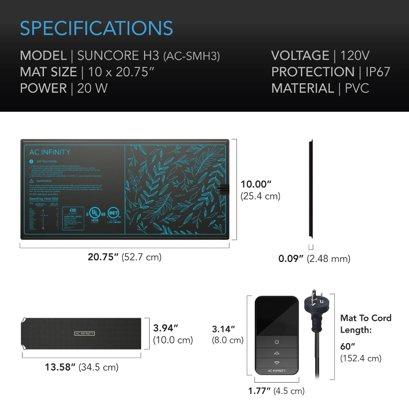 AC Infinity- Suncore H3 | Seedling Heat Mat With Heat Controller | IP-67 Waterproof | 25.4 x 52.70 CM