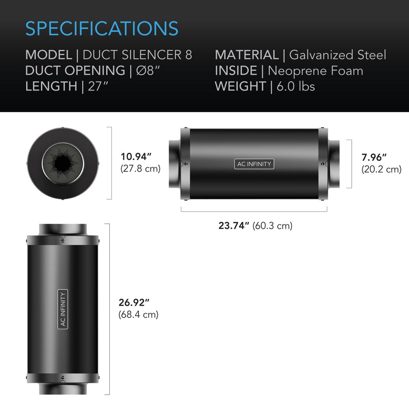 AC Infinity- Inline Duct Fan Silencer | 8 Inch 200 MM