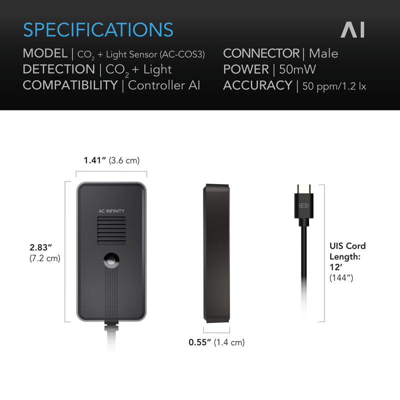 AC Infinity- CO2 + Light Sensor for Controller AI+ | CO2 Data Tracking | Optimised FAE | Day and Night Scheduling