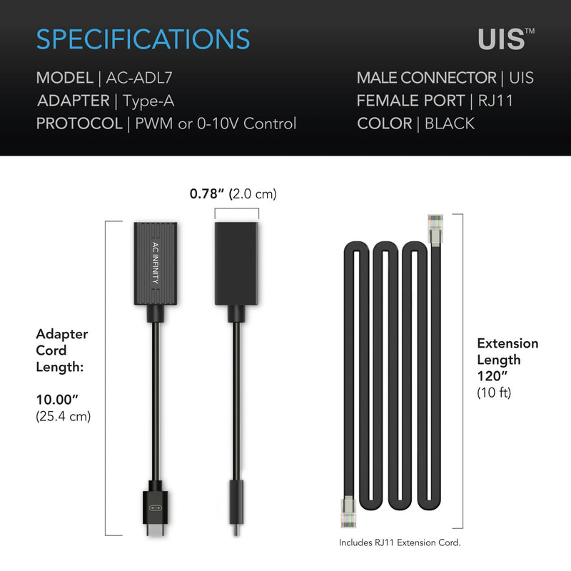 AC Infinity- UIS Lighting Adapter Type-A | for RJ11/12 Connector Lights With PWM or 0-10v Dimmers
