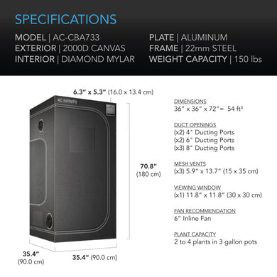 AC Infinity- Cloudlab 733 | Advance Grow Tent | 90x90x180CM | 2000D Diamond Mylar Canvas