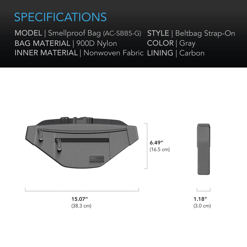 AC Infinity - Smell Proof Belt Bag | Grey | With 900D Nylon Fabric & Carbon Filter Lining