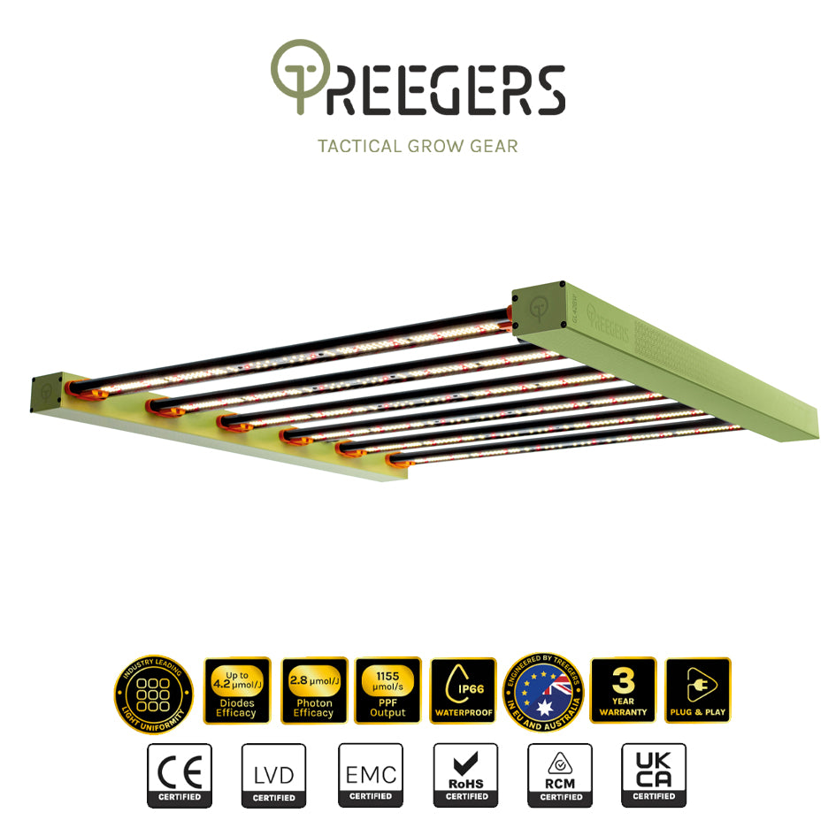 Treegers - LED Grow Light 6 Bar GL420W | 420W | 2.8 μmol/J | Dimmable | IP66 | Full Spectrum | Daisy Chain Yes | For Full Grow Cycle