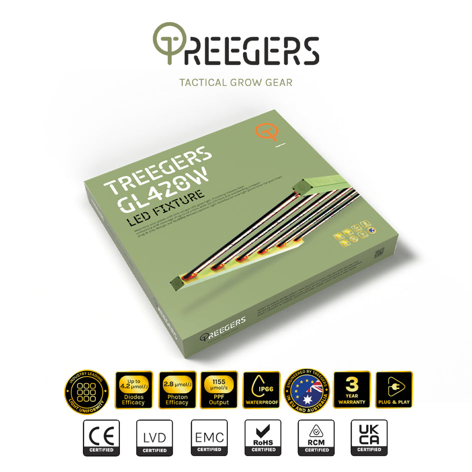 Treegers - LED Grow Light 6 Bar GL420W | 420W | 2.8 μmol/J | Dimmable | IP66 | Full Spectrum | Daisy Chain Yes | For Full Grow Cycle