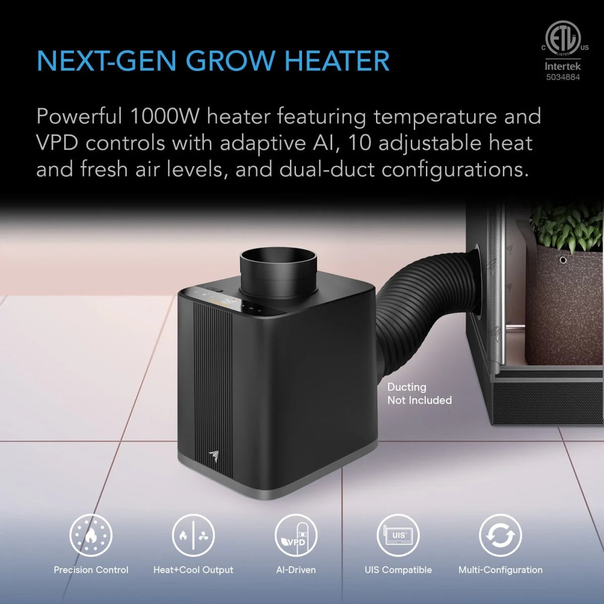 AC Infinity- Thermoforge T7 | Heater & Intake Fan | Plant Heater | 1000W | AI-Powered  |VPD & Temp Control